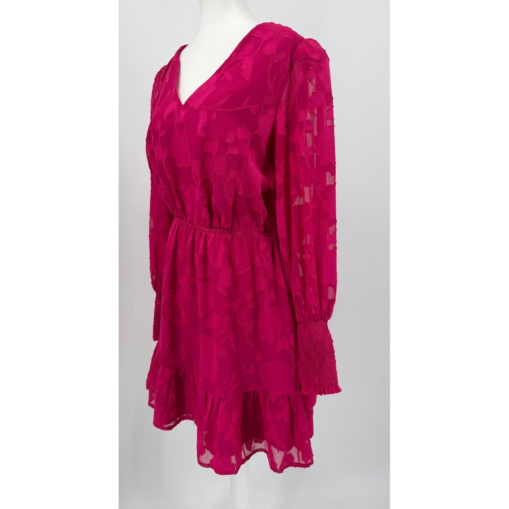 Evereve Magenta Pink Floral Burnout V-Neck Mini Dress Long Sleeve Smocked Cuff M
